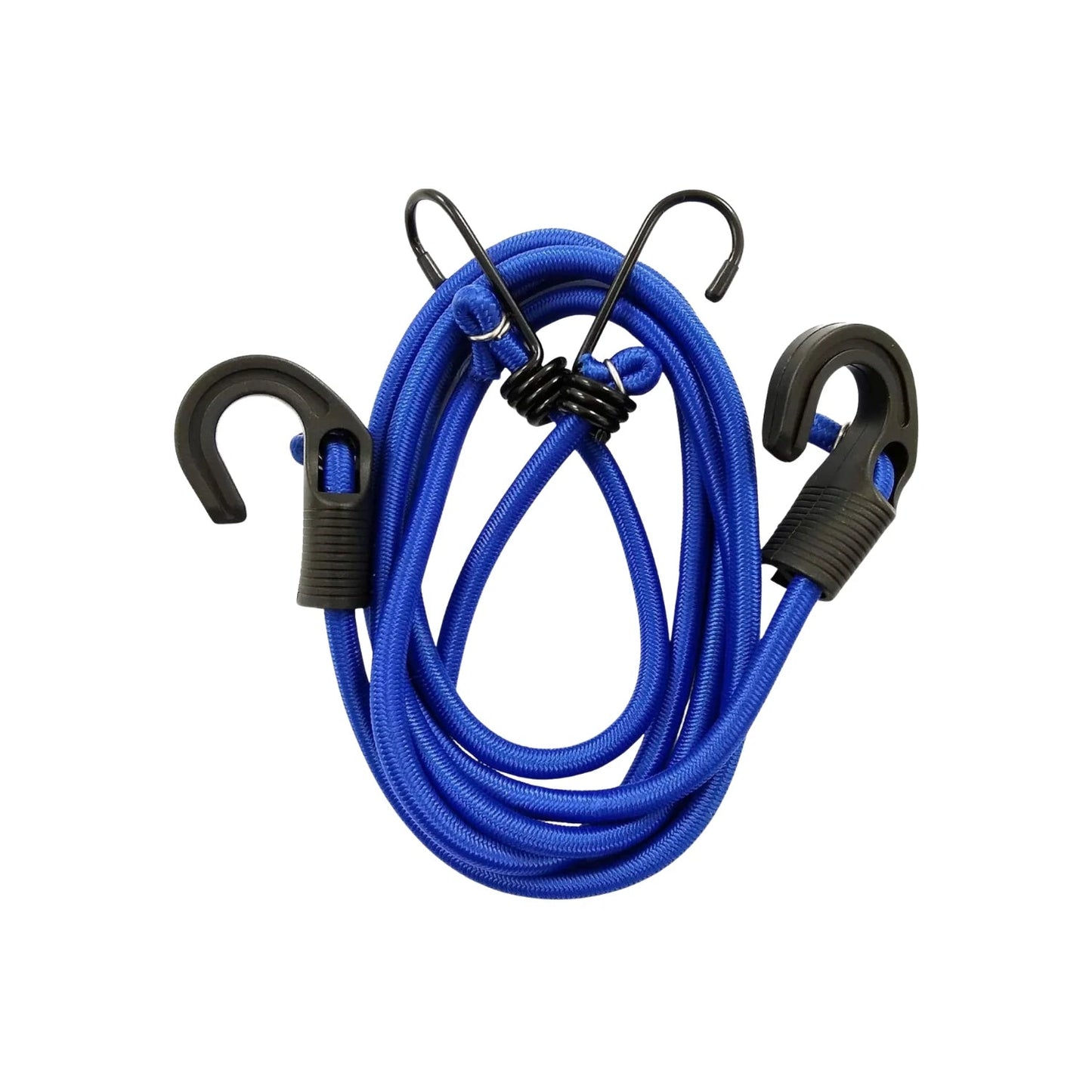 Tensor elástico azul con ganchos negros resistentes para asegurar carga y objetos en transporte.