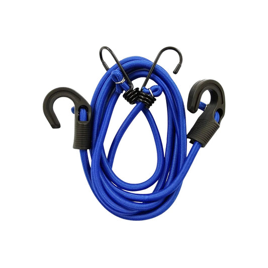 Tensor elástico azul con ganchos negros resistentes para asegurar carga y objetos en transporte.