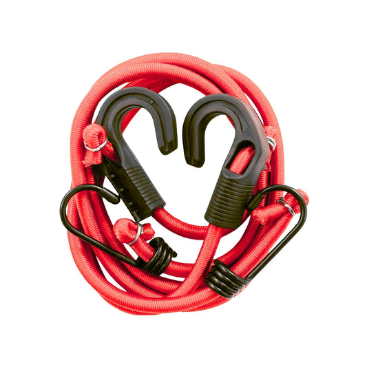 Par de tensores elásticos rojos con ganchos negros para sujeción de carga en ferretería