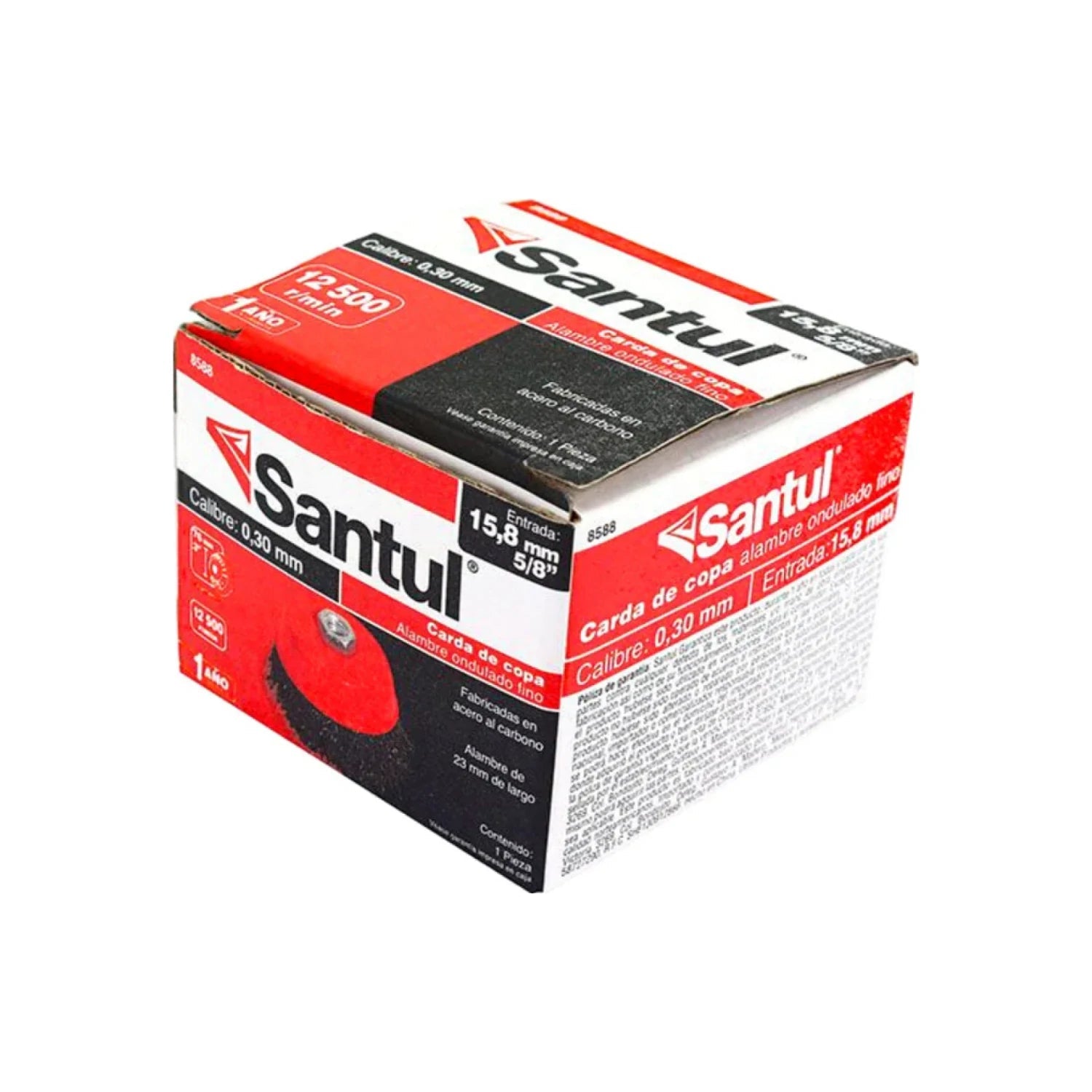 Carda de copa Santul roja, alambre ondulado fino calibre 0.30mm, entrada 15.8mm, acero al carbono, 12500 RPM
