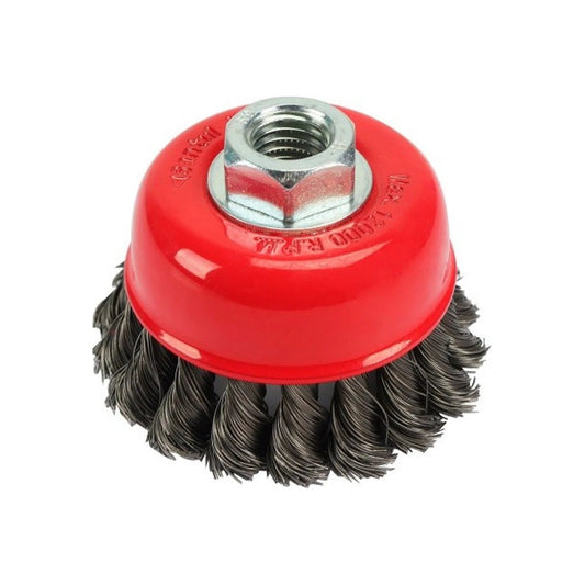 Carda de copa de alambre trenzado roja para amoladora angular, limpieza de superficies metálicas, 12000 RPM