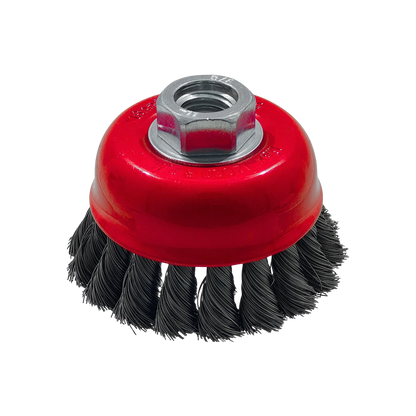 Carda de copa con alambre trenzado para esmeriladora, cepillo de desbaste rojo para metal