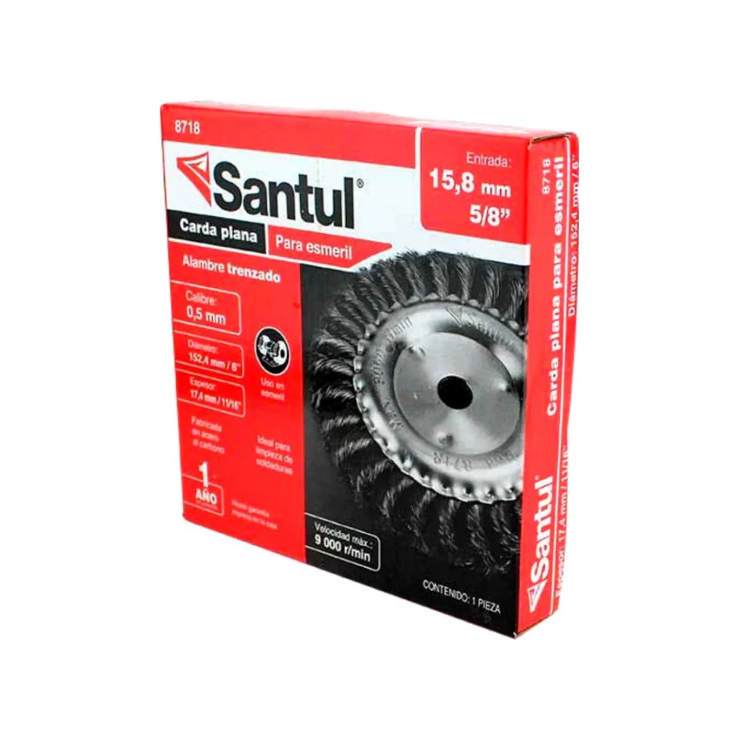 Carda plana Santul 8718 trenzada 6" (152mm) para esmeril, entrada 5/8", alambre 0.5mm, limpieza de soldaduras.