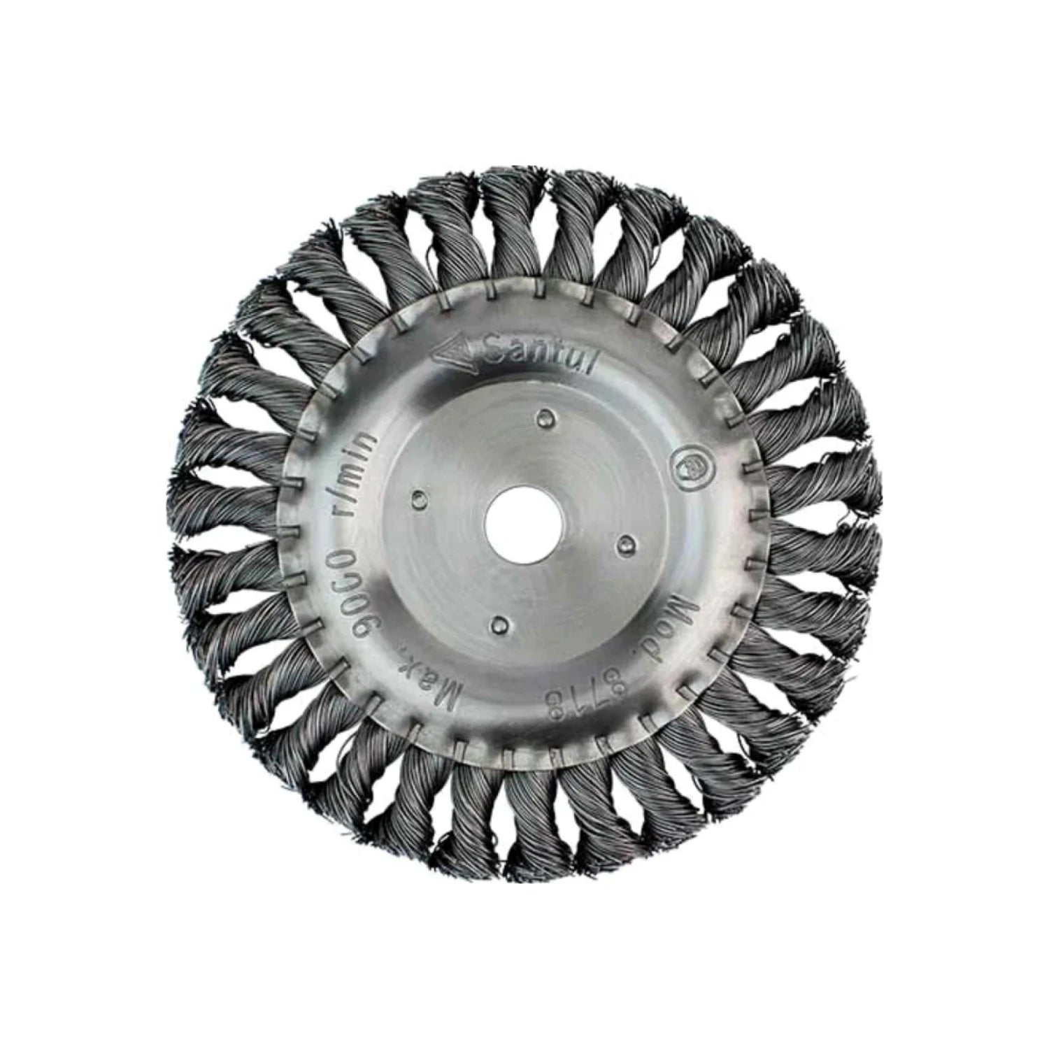 Carda circular Santul 8718 trenzada de acero para amoladora, 9000 RPM, desbaste y limpieza de metal.