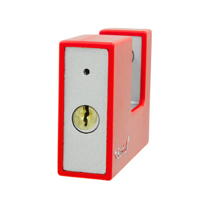 Candado monoblock rojo Santul de alta seguridad, ideal para cortinas metálicas y portones.