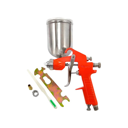 Pistola para pintar de gravedad Santul naranja con depósito metálico de 400ml, incluye cepillo y herramientas.