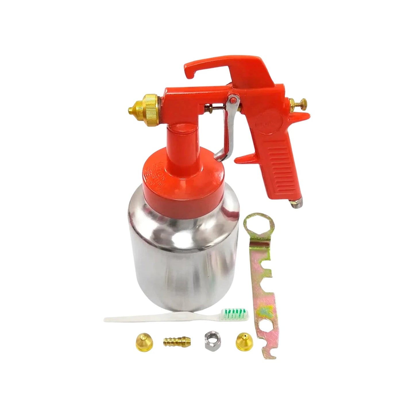 Pistola de pintura baja presión roja con vaso de acero, boquillas de repuesto, cepillo de limpieza y llave multiherramienta.