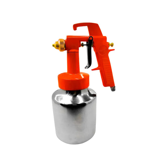 Pistola para pintar de baja presión Santul con tanque metálico, cuerpo naranja y boquilla dorada