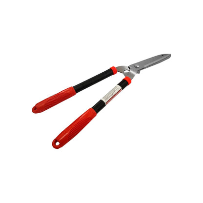 Tijera para pasto de mango tubular largo, empuñaduras ergonómicas rojo y negro, hojas de acero