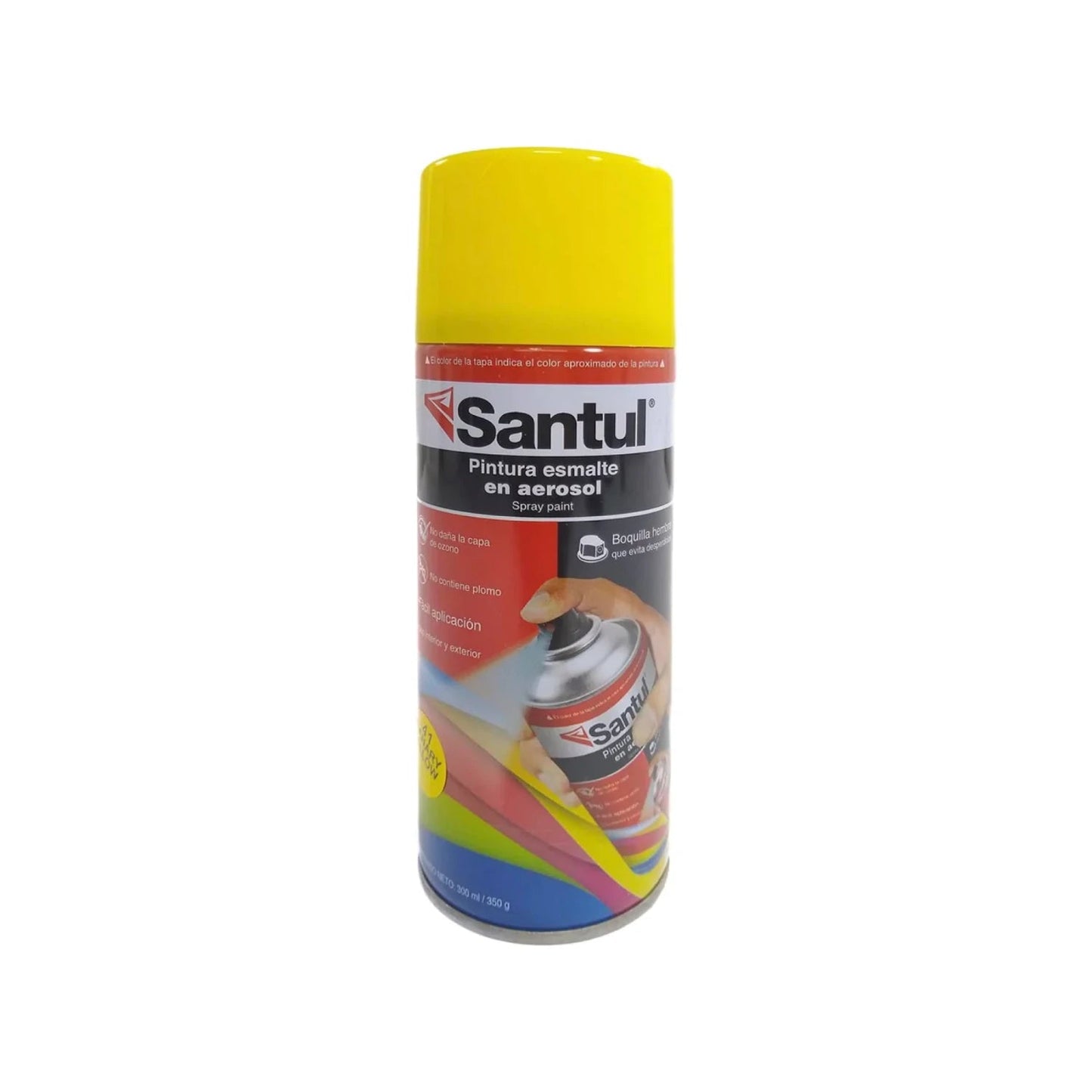 Pintura esmalte en aerosol Santul amarillo canario 300 ml para usos múltiples en superficies de metal y madera.
