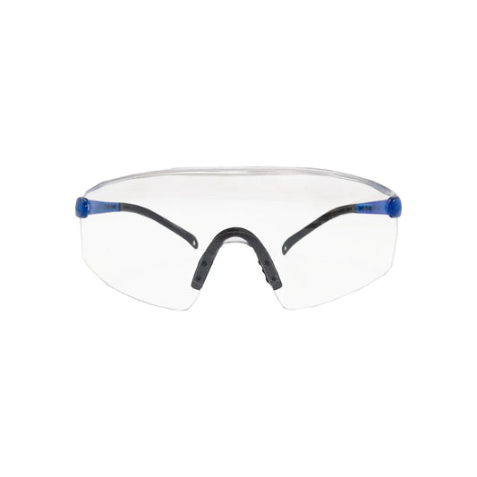 Lentes de seguridad transparentes con protección ocular multiángulo, armazón azul y negro, para trabajo industrial.