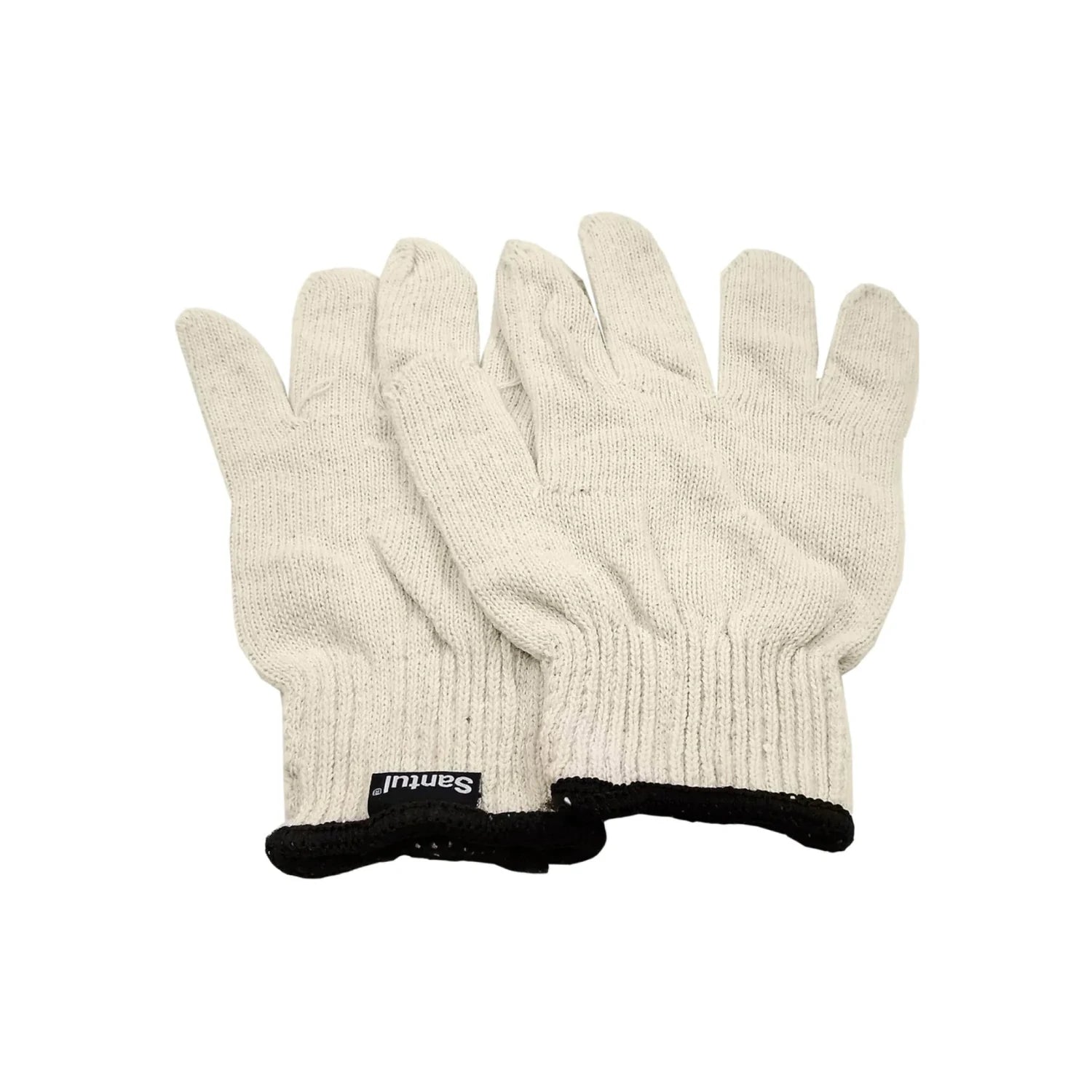Guantes de trabajo de tela Santul blancos con puño negro para protección de manos en ferretería.