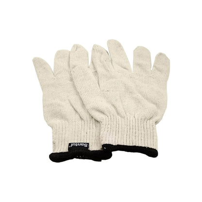 Guantes de trabajo de tela Santul blancos con puño negro para protección de manos en ferretería.