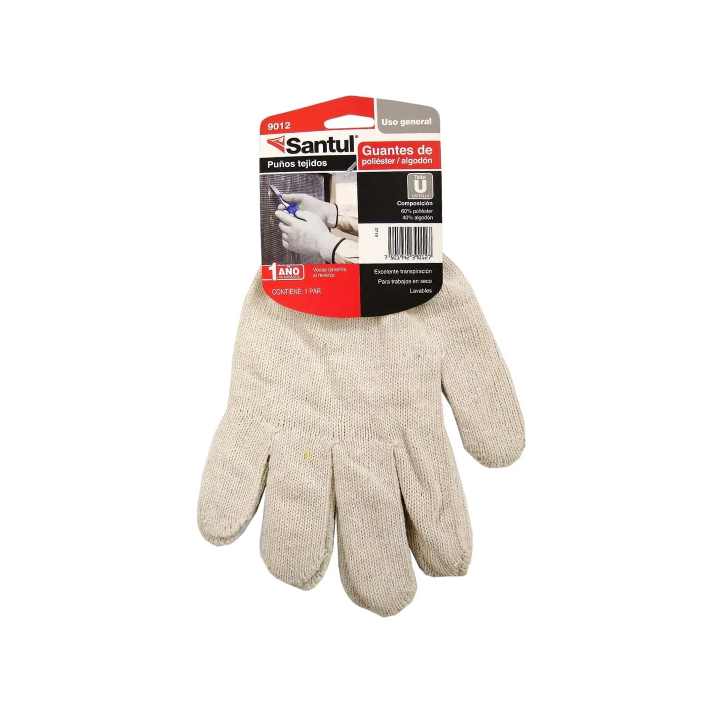Guantes de trabajo Santul 9012 de poliéster y algodón color beige unitalla con puños tejidos, transpirables y lavables