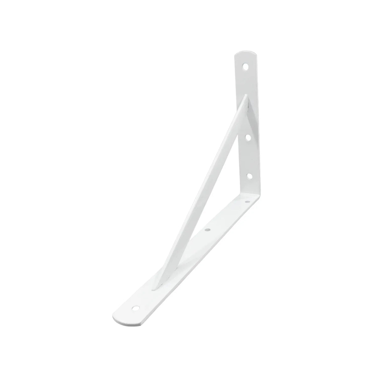 Escuadra metálica blanca con refuerzo diagonal para soporte de repisas y estanterías en pared