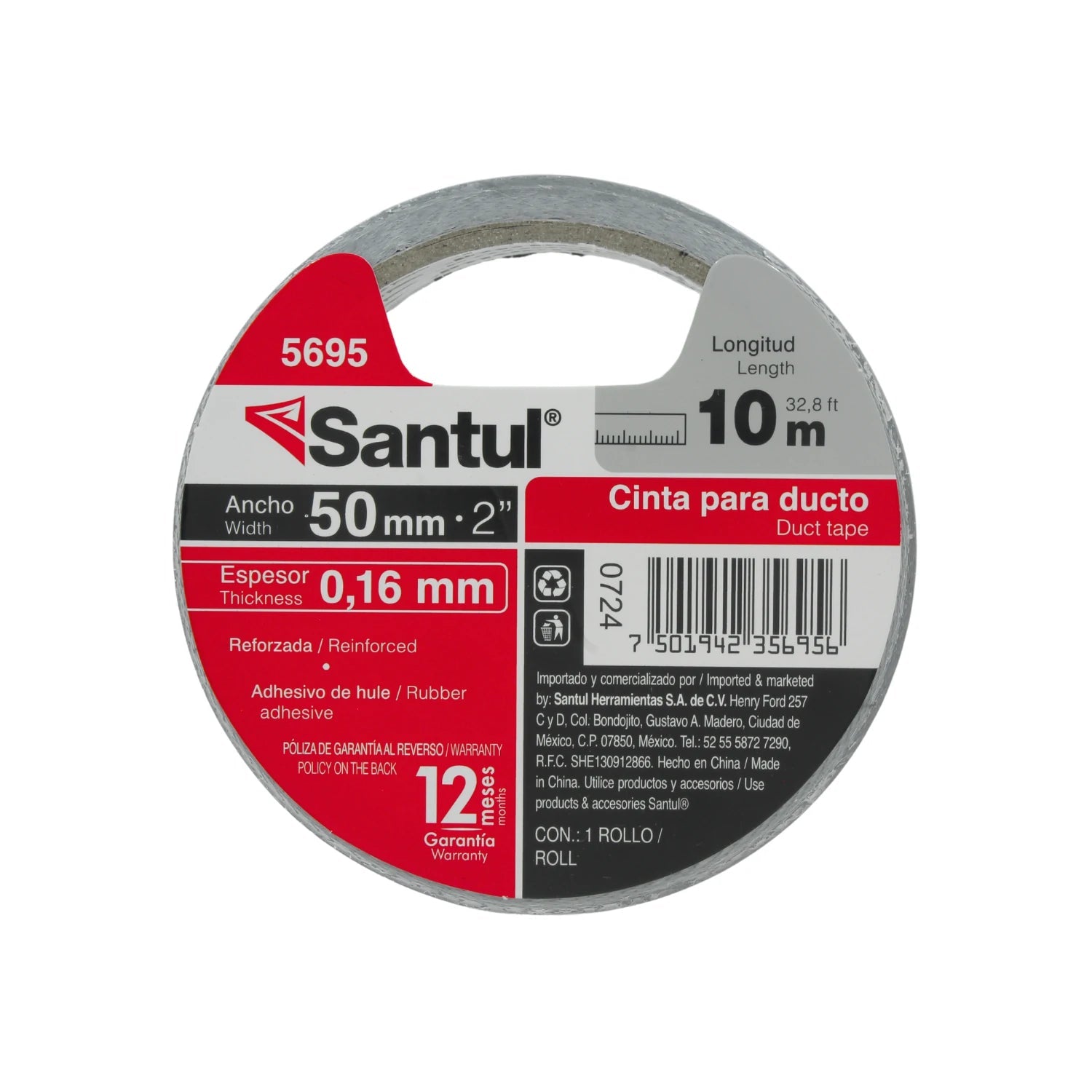 Cinta para ducto Santul 5695 gris reforzada 50mm x 10m, adhesivo de hule, 12 meses garantía.