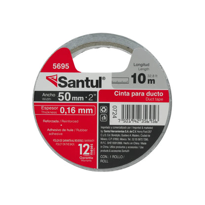 Cinta para ducto Santul 5695 gris reforzada 50mm x 10m, adhesivo de hule, 12 meses garantía.