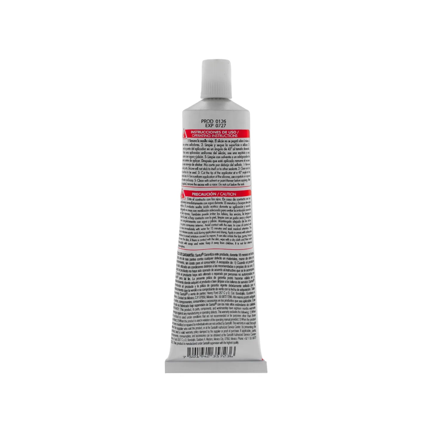 Reverso de sellador de silicón Santul con instrucciones de aplicación y precauciones de seguridad en el envase.