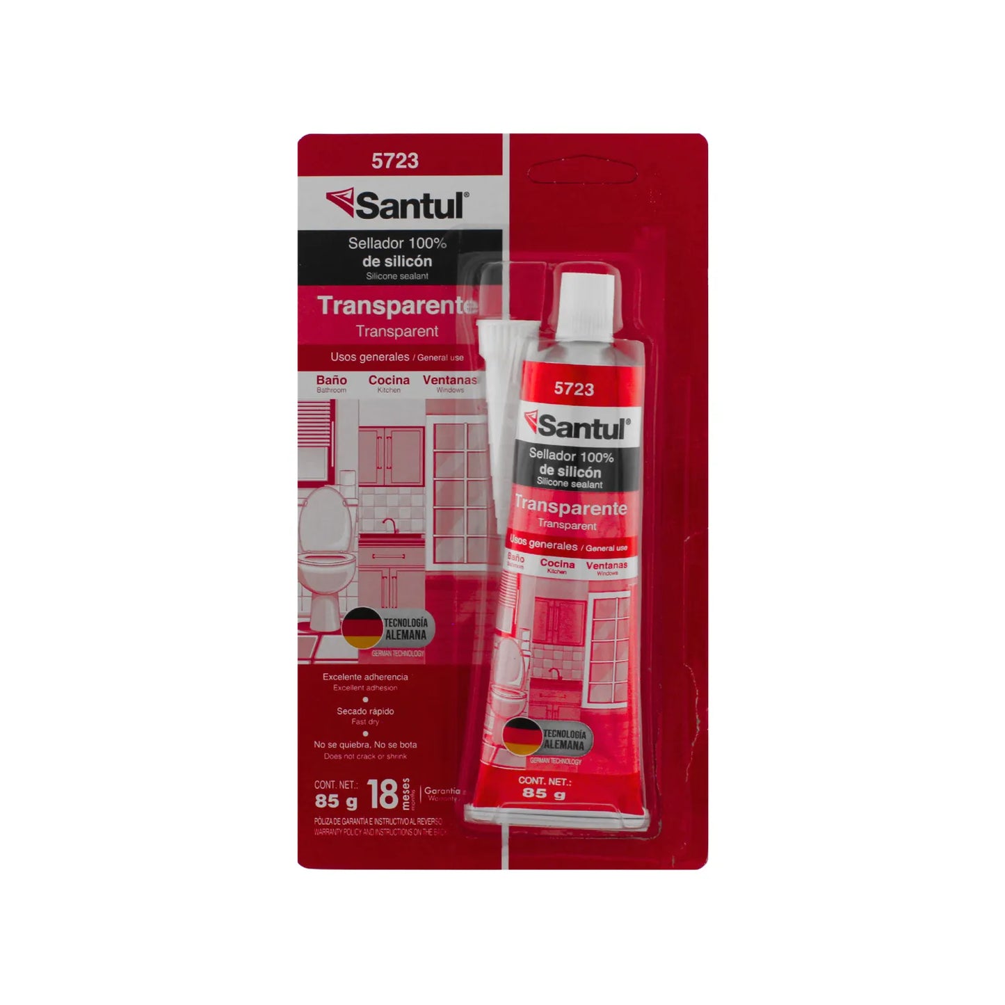Sellador de silicón 100% transparente Santul 85g para baños, cocinas y ventanas de secado rápido.