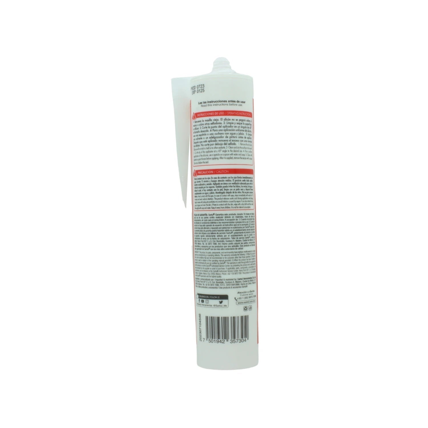 Sellador de silicón blanco Santul 280 ml con instrucciones, ideal para uso general en construcción y reparaciones.