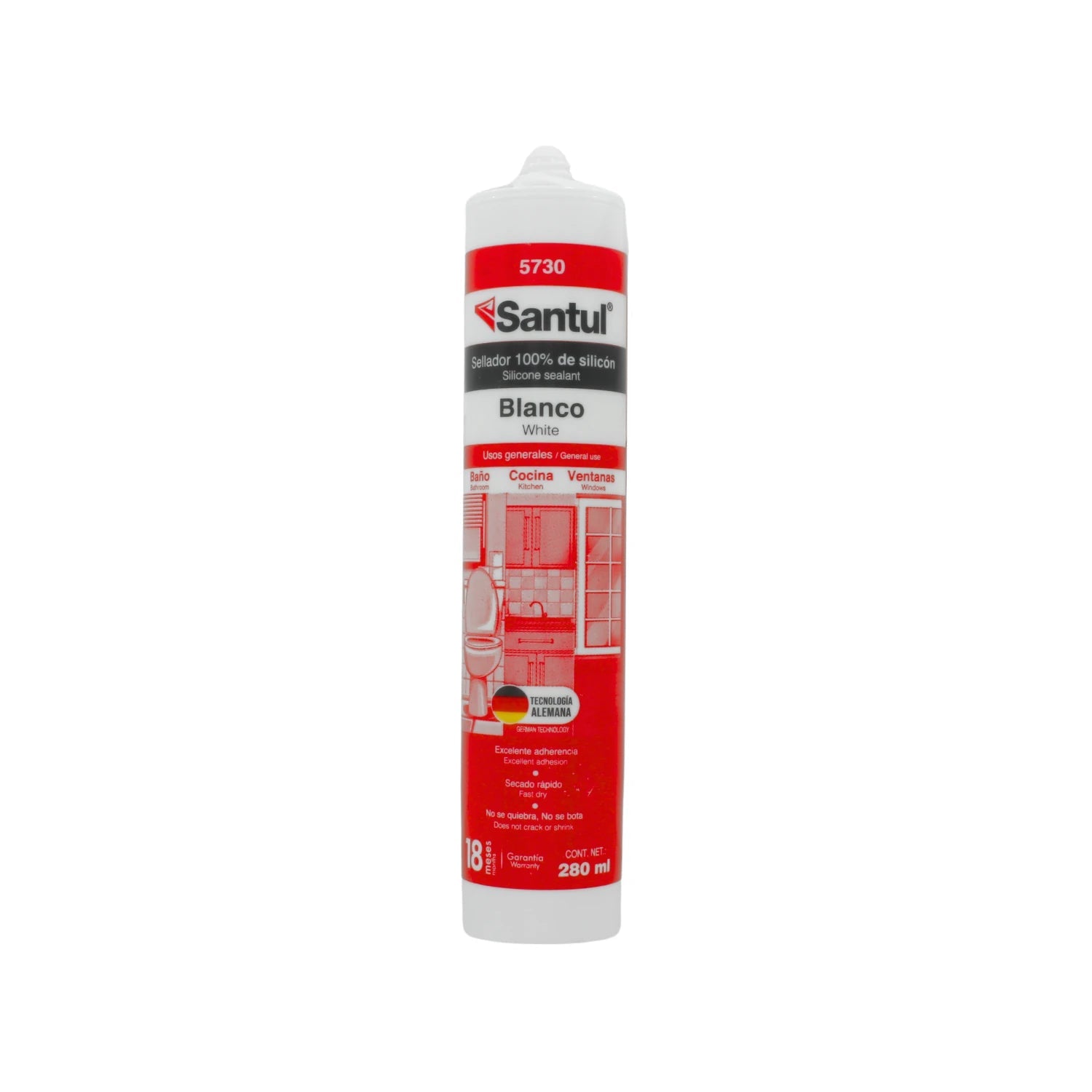 Silicón sellador blanco Santul 5730 de 280ml para baño, cocina y ventanas, uso general, secado rápido y fuerte adhesión