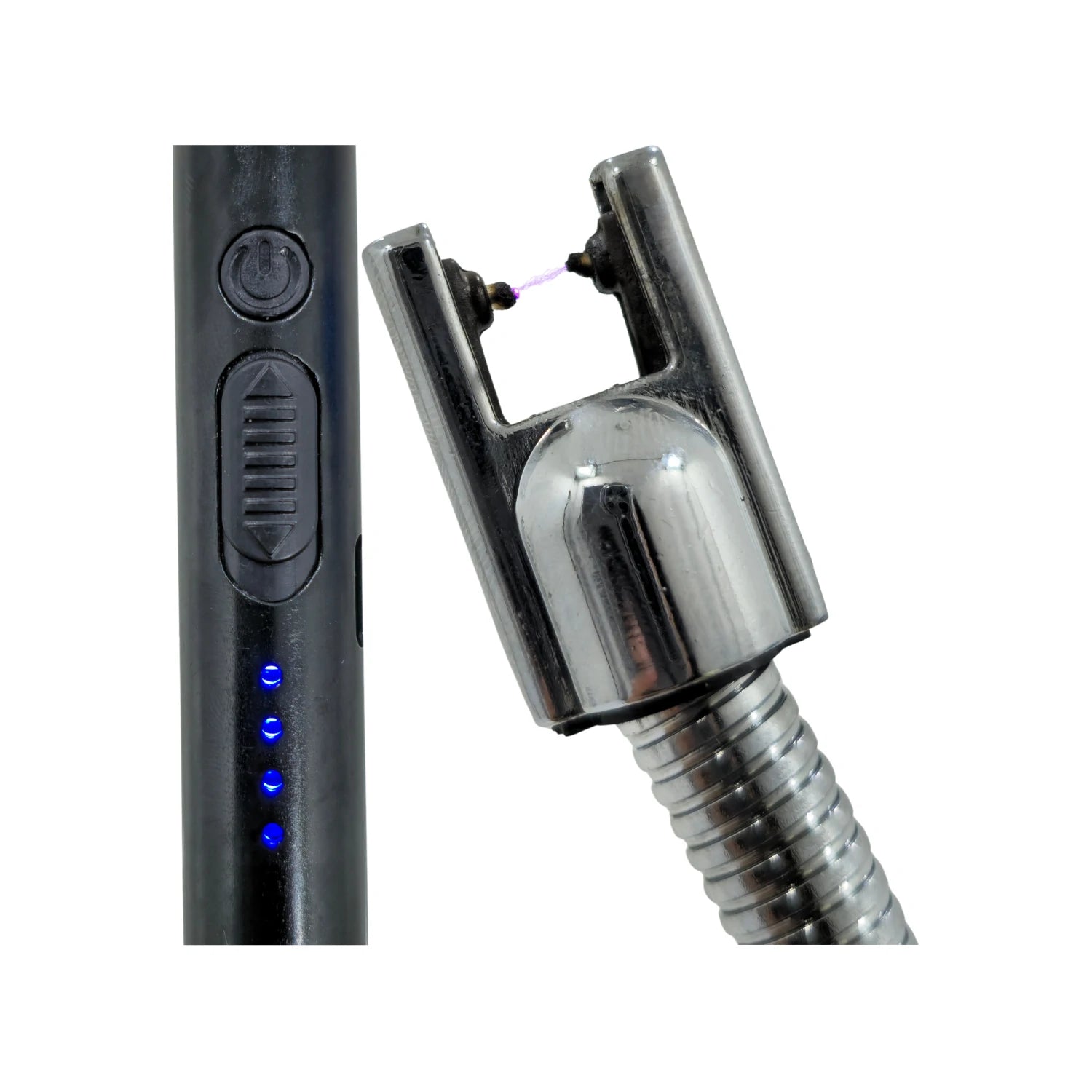 Encendedor eléctrico de arco negro con cuello flexible metálico, indicador LED de batería y botón de encendido