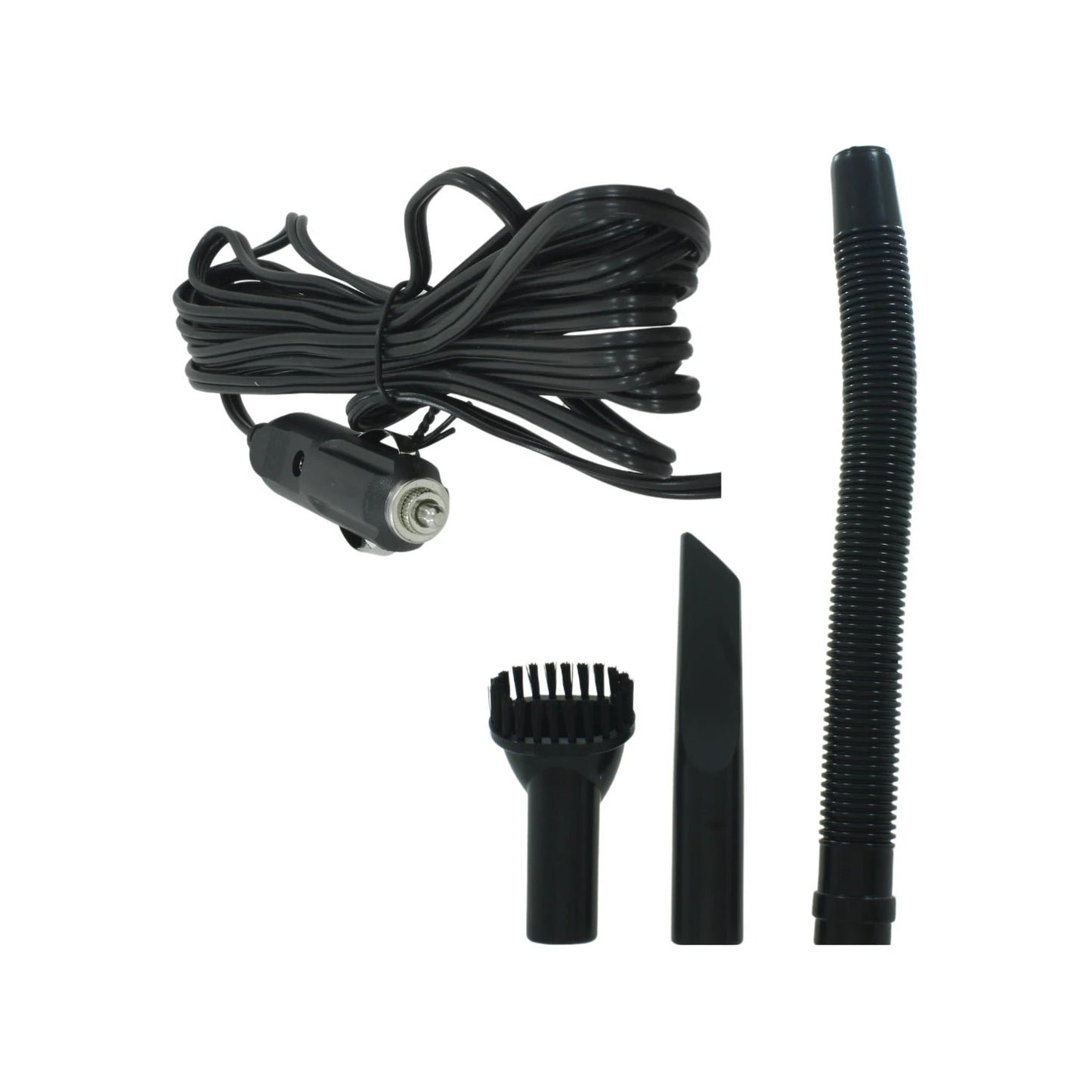 Aspiradora portátil 12V negra para auto con kit de accesorios: manguera, cepillo y boquilla, limpieza de coche.
