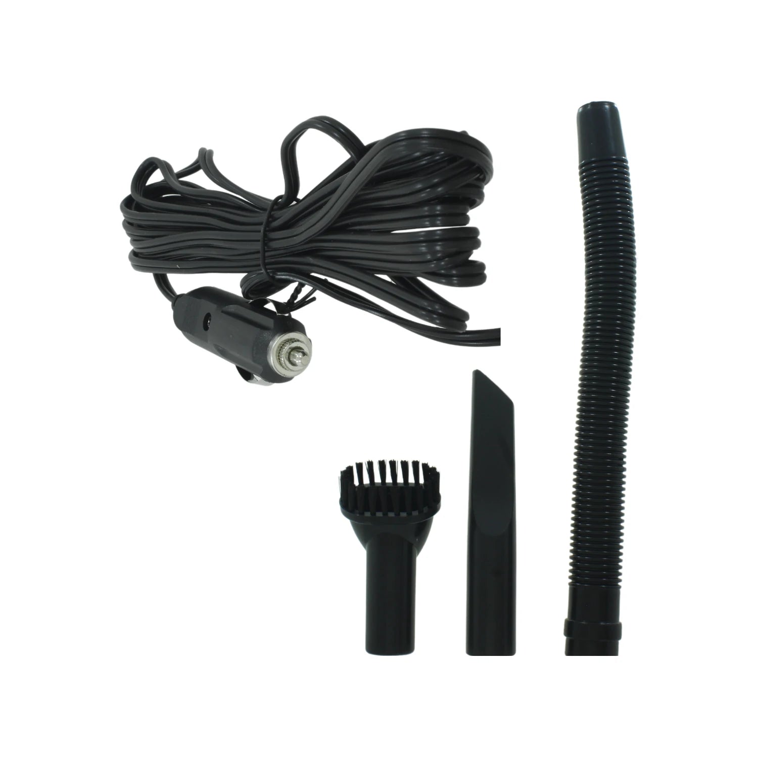 Aspiradora portátil 12V negra para auto con kit de accesorios: manguera, cepillo y boquilla, limpieza de coche.