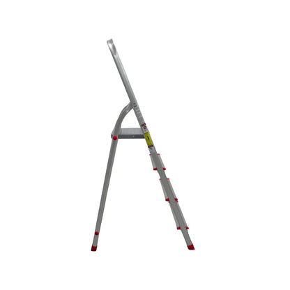 Escalera plegable de aluminio de 3 peldaños con plataforma superior y barandal alto de seguridad para hogar.