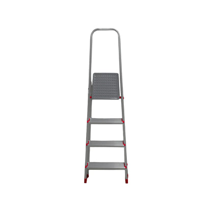 Escalera metálica plegable de 4 peldaños color gris con detalles rojos y barandal de seguridad para hogar