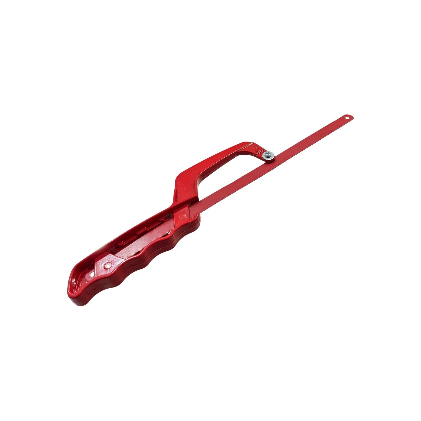 Arco de segueta rojo con mango ergonómico para corte de materiales y ajuste de hoja.