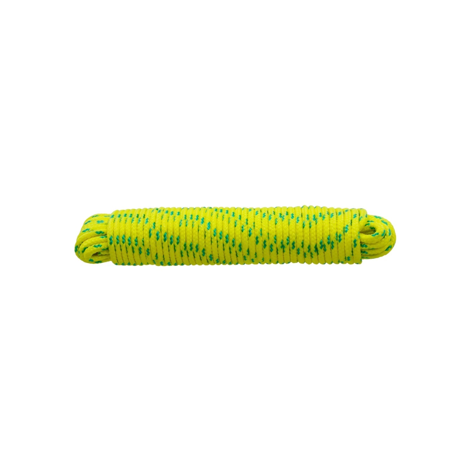 Cuerda de poliéster amarilla y verde enrollada, uso general ferretería.