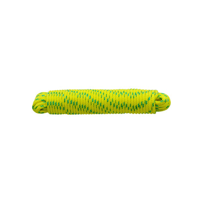 Cuerda de poliéster amarilla y verde enrollada, uso general ferretería.