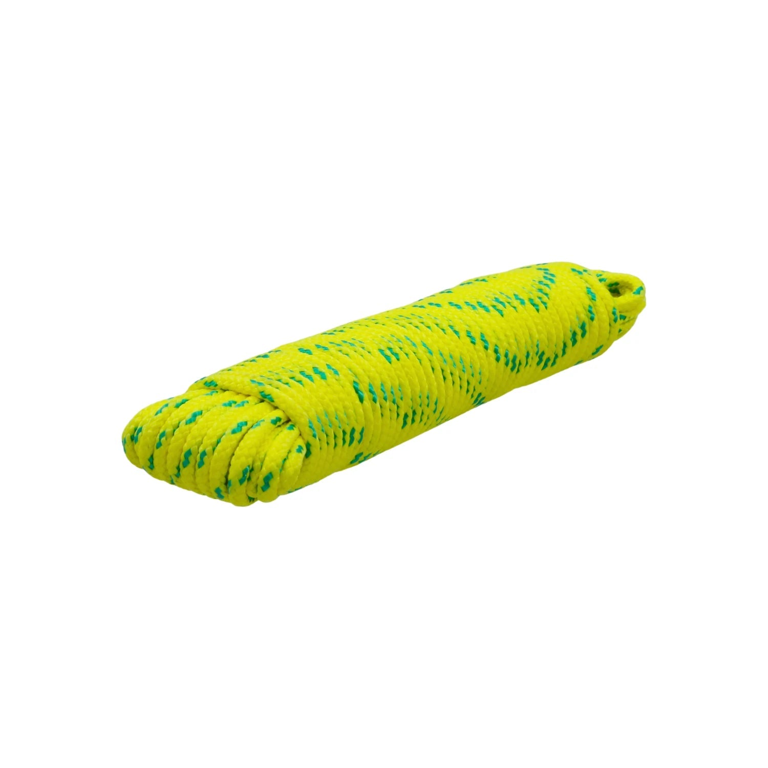 Cuerda de poliéster 5/32" (4mm) de 15 metros, enrollada, color amarillo con patrón verde. Uso general ferretería.