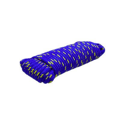 Cuerda de poliéster azul con puntos amarillos, 5mm, enrollada, para amarre y uso general en ferretería.
