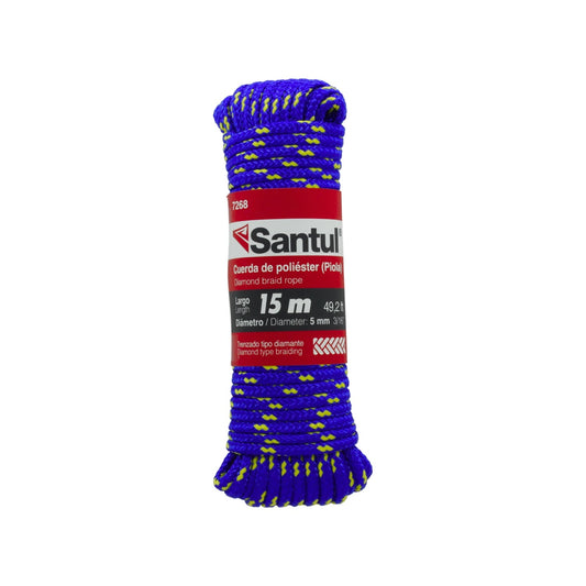 Cuerda piola de poliéster Santul azul/amarilla 5mm (3/16") x 15m, trenzado tipo diamante, modelo 7268