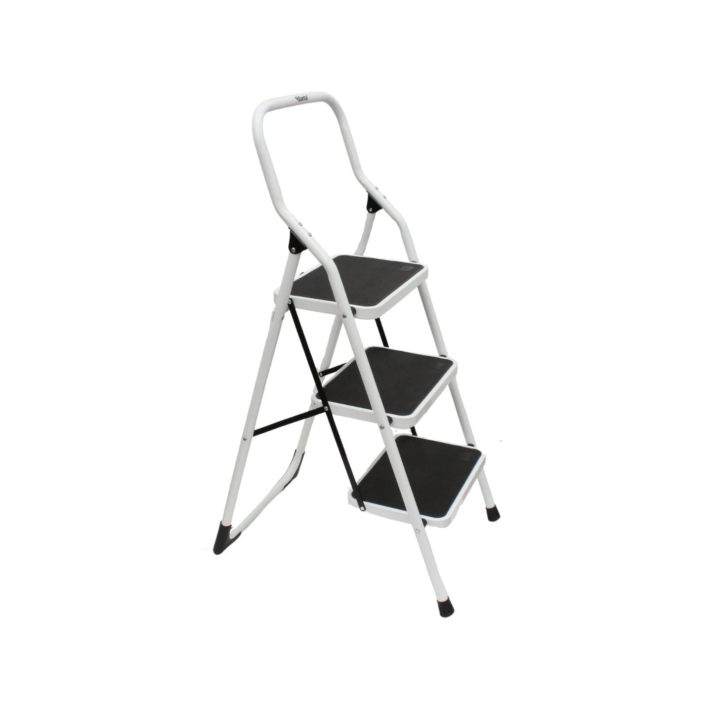 Escalera taburete plegable Santul de 3 peldaños, estructura blanca y peldaños negros antideslizantes con asa.