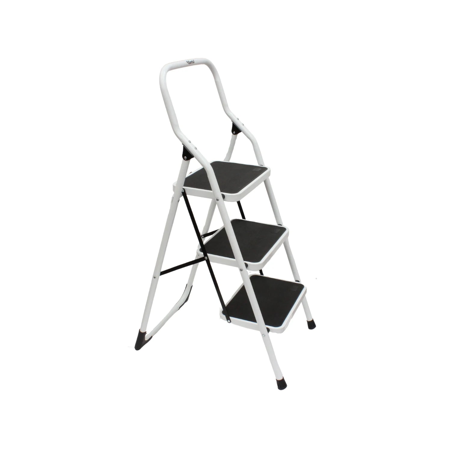 Escalera taburete plegable Santul de 3 peldaños, estructura blanca y peldaños negros antideslizantes con asa.