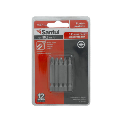 Puntas de desarmador Santul Pozidriv, 5 piezas de acero cromo vanadio, 50.8mm, alta torsión