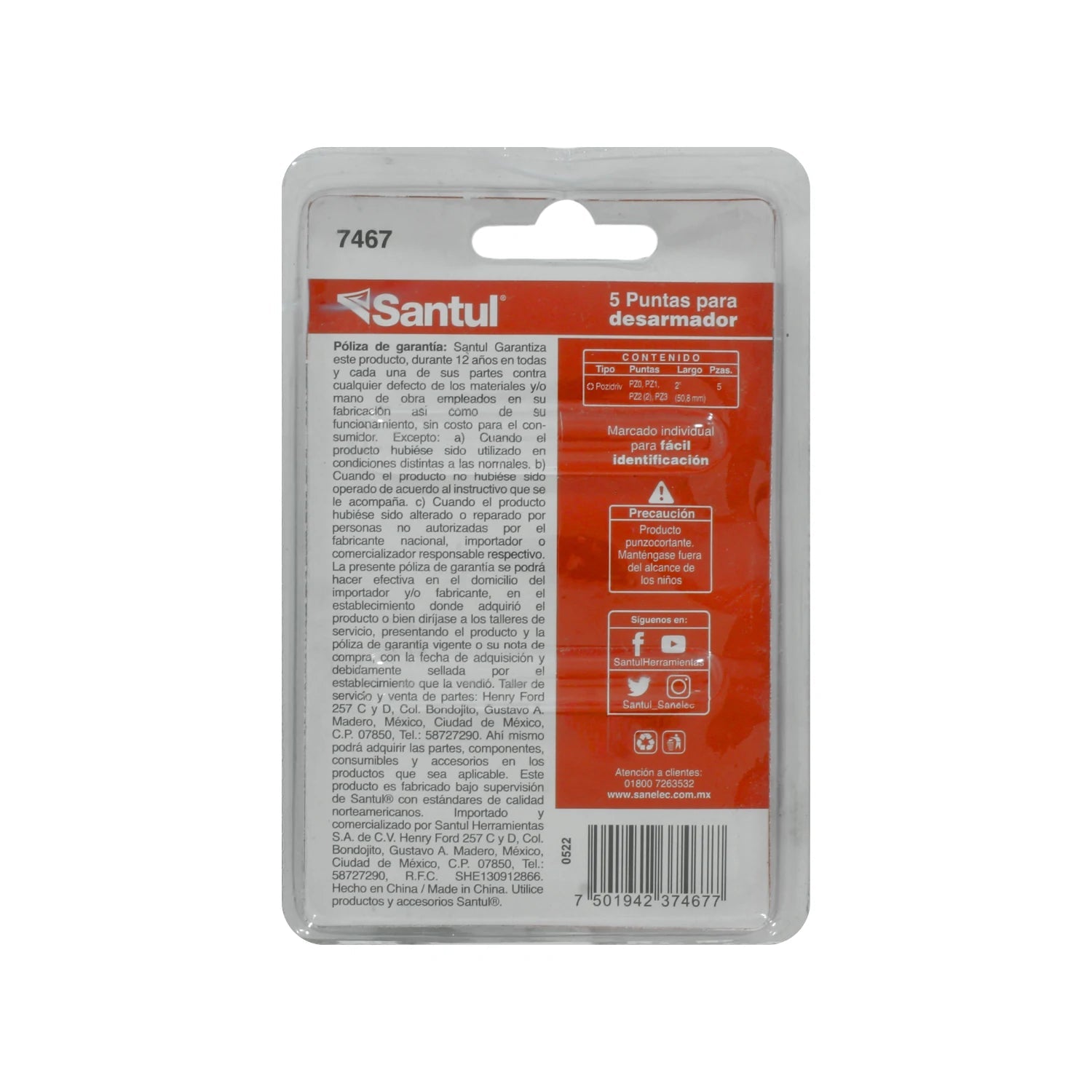Puntas para desarmador Santul Pozidriv 5 piezas PZ0, PZ1, PZ2, PZ3 en blister 7467