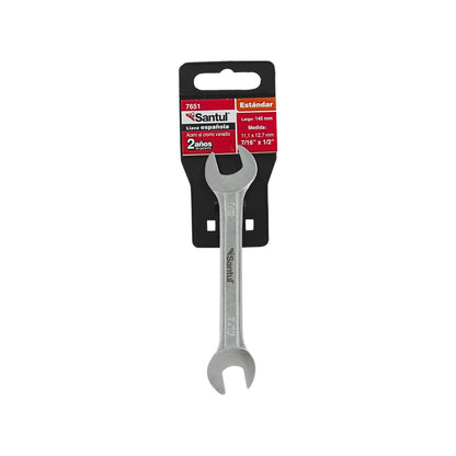 Llave española Santul 7651 estándar 7/16 x 1/2 pulgada, acero cromo vanadio, 145mm, acabado metálico.