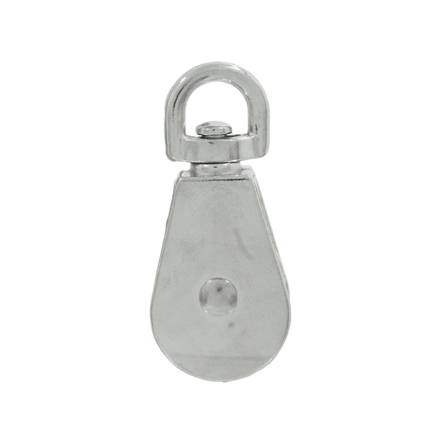Garrucha de metal simple con ojo giratorio, polea metálica para sistemas de elevación y tracción.