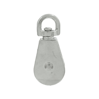 Garrucha de metal simple con ojo giratorio, polea metálica para sistemas de elevación y tracción.