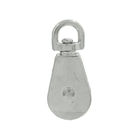 Garrucha de metal simple con ojo giratorio, polea metálica para sistemas de elevación y tracción.