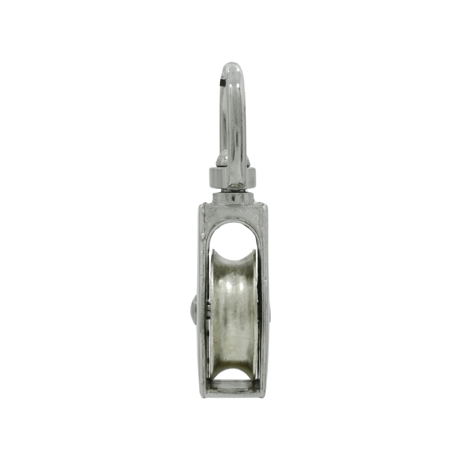 Garrucha simple de metal plateado con gancho giratorio, ideal para sistemas de elevación y carga