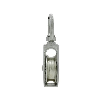 Garrucha simple de metal plateado con gancho giratorio, ideal para sistemas de elevación y carga