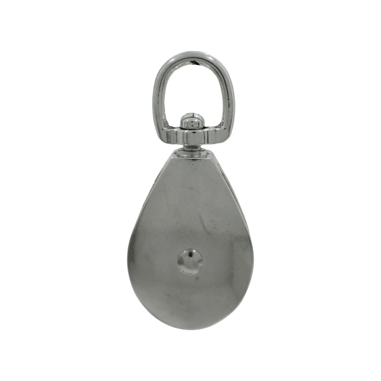 Garrucha simple de acero cromado con argolla giratoria, para elevación de carga en talleres o exteriores.