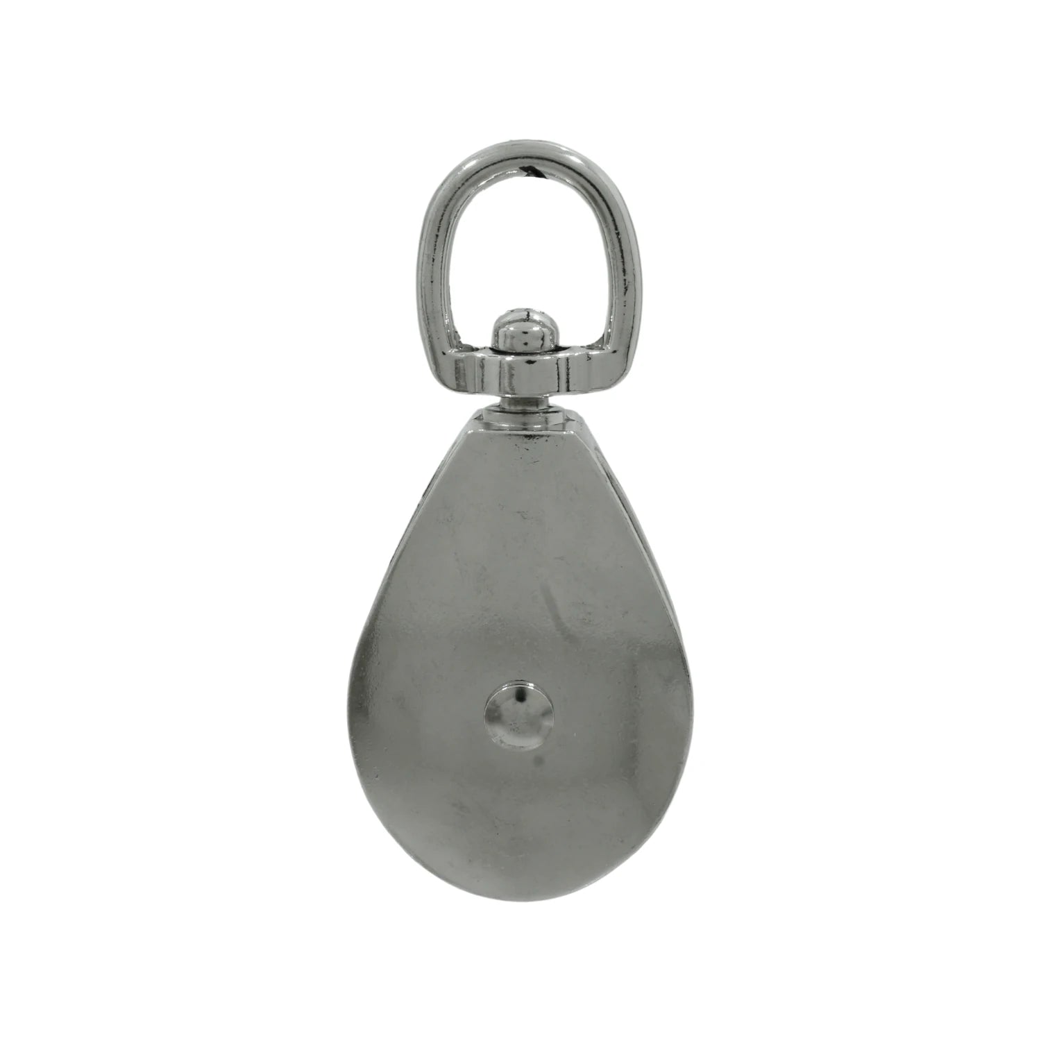 Garrucha simple de acero cromado con argolla giratoria, para elevación de carga en talleres o exteriores.