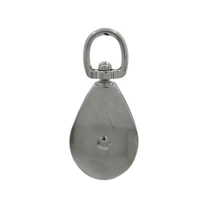 Garrucha simple de acero cromado con argolla giratoria, para elevación de carga en talleres o exteriores.