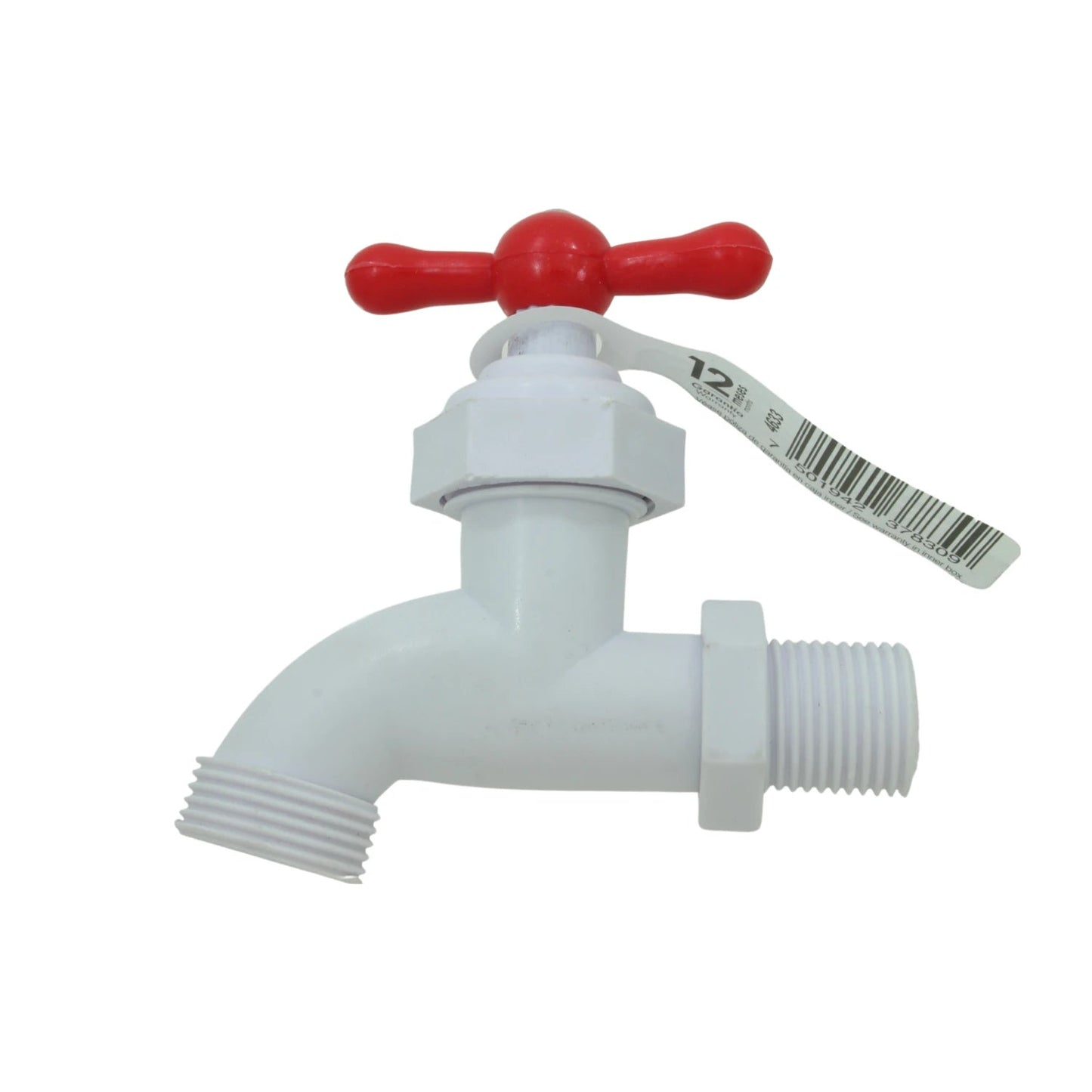 Llave de nariz plástica blanca, manija roja, con rosca 1/2 pulgada para jardín o lavadero
